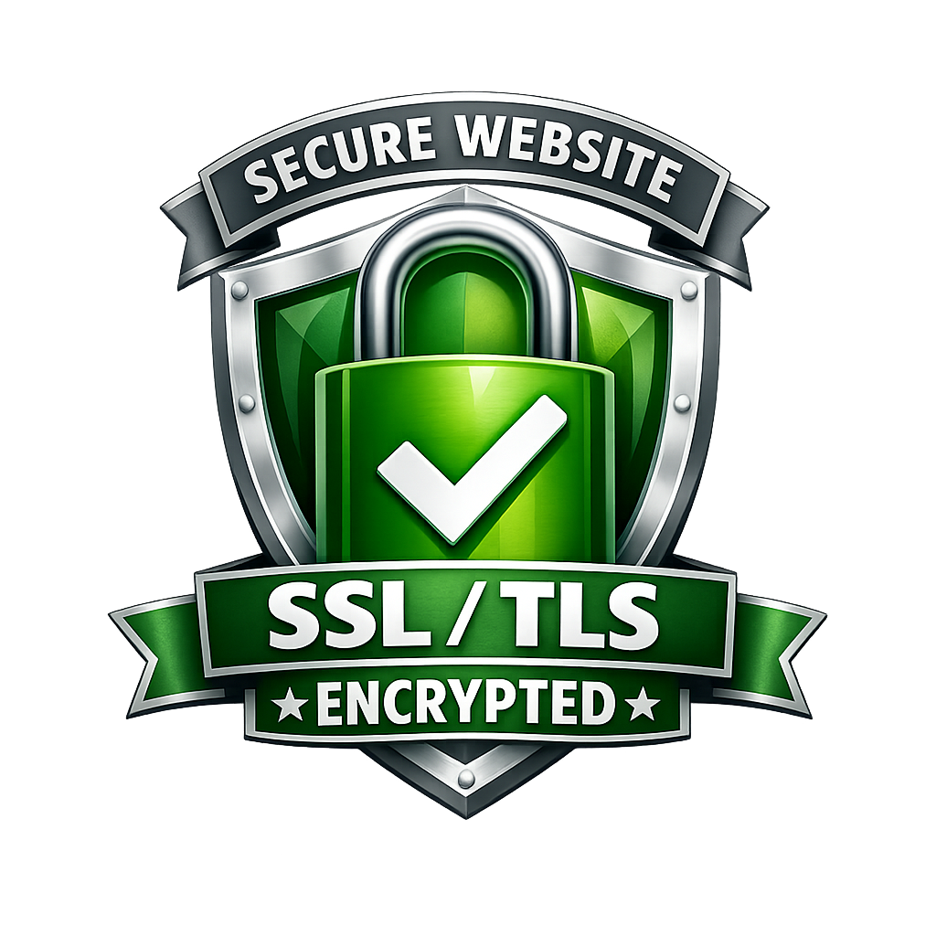 A green shield with a padlock and check mark, labeled Secure Website at the top and SSL/TLS Encrypted on a ribbon below, symbolizing a secure, encrypted website connection.