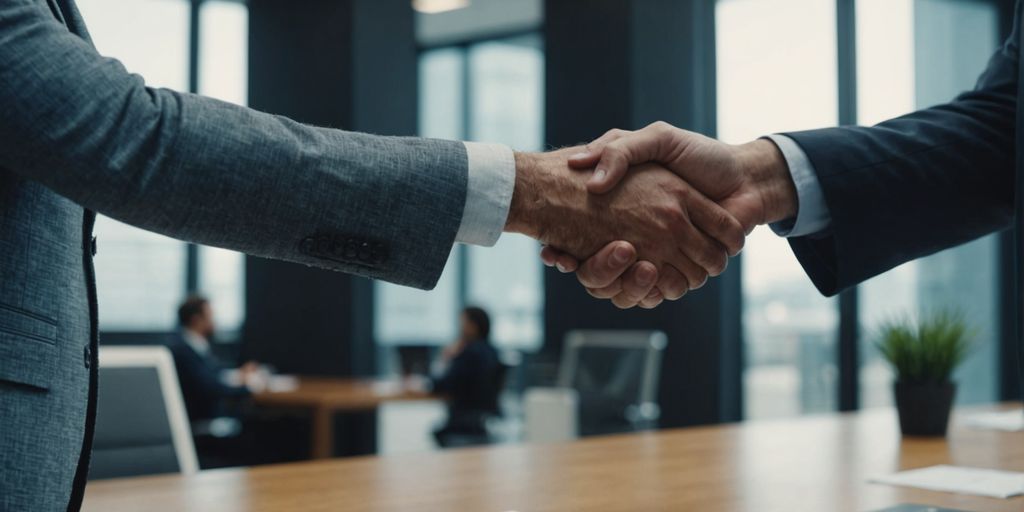Businessman and marketing agent shaking hands in office
