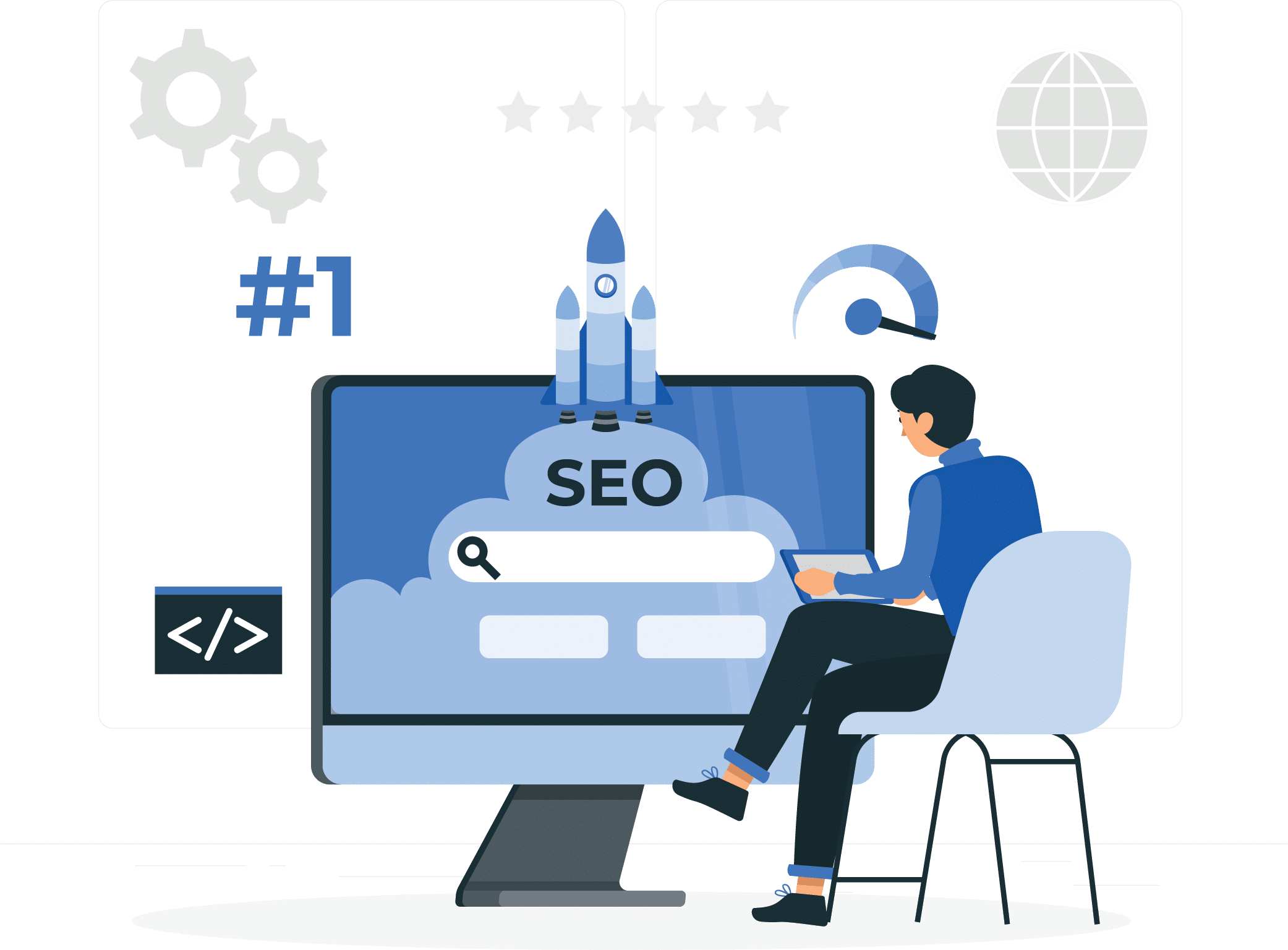 search engine optimisation business graphic man on chair