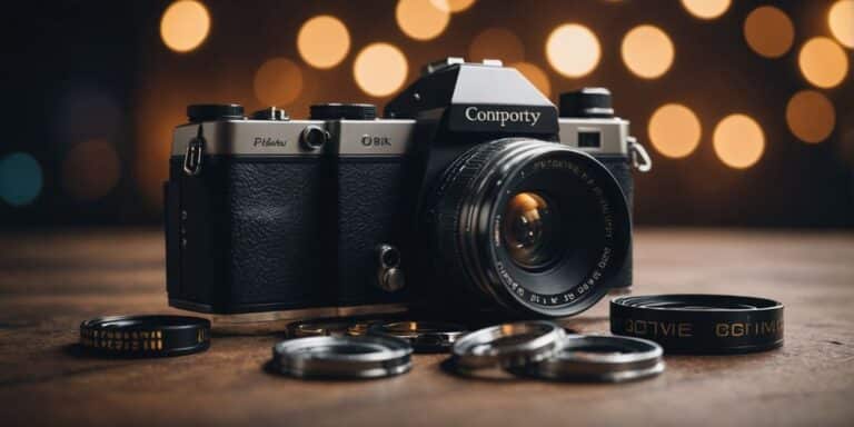 A vintage camera sits on a wooden surface surrounded by multiple lens filters. The background is filled with warm, blurred bokeh lights, creating a cozy and nostalgic atmosphere.