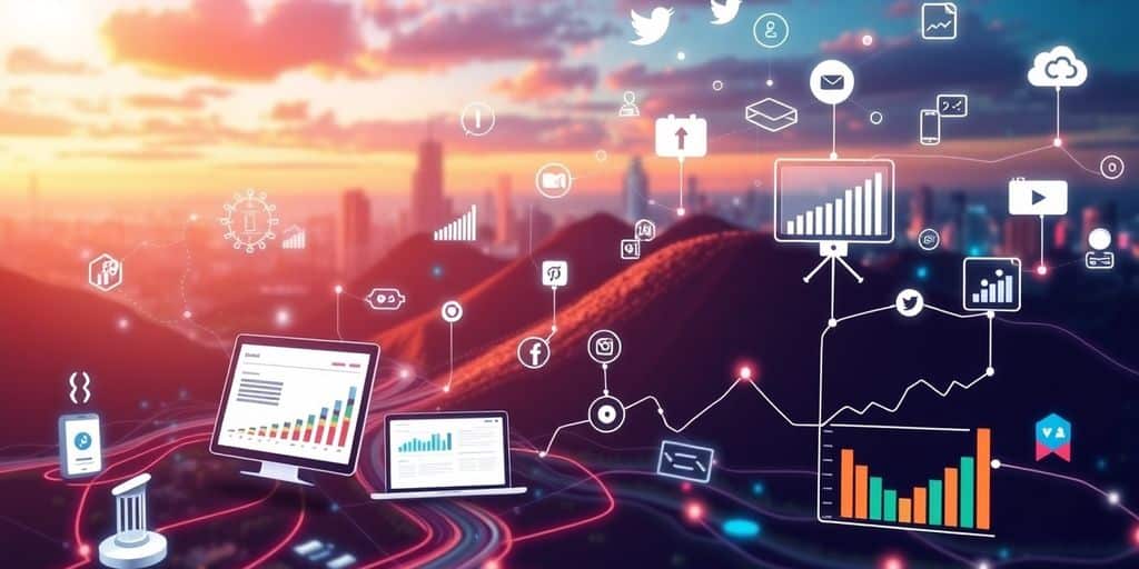 A digital landscape over a city skyline at sunset, featuring floating icons of graphs, clouds, and digital symbols above a road. Two computer monitors display colorful bar charts and graphs, symbolizing data analytics and technology.