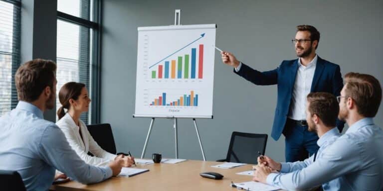 A man in a suit presents graphs on a flip chart to four seated colleagues in a conference room. The graphs show upward trends. The group is engaged in a business meeting, surrounded by windows and office decor.