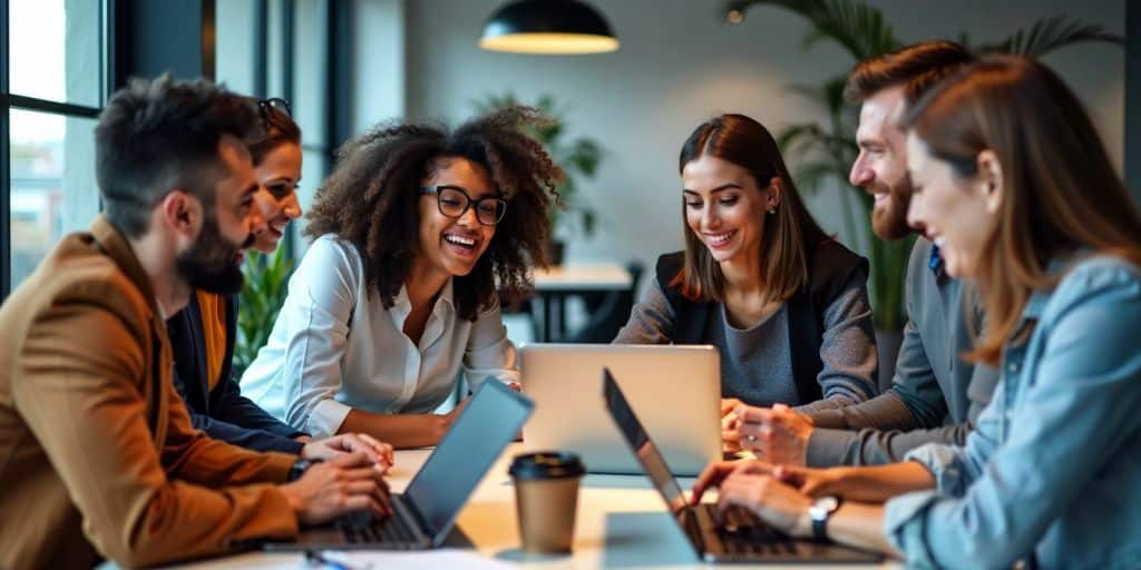 Team of professionals collaborating in a modern office.