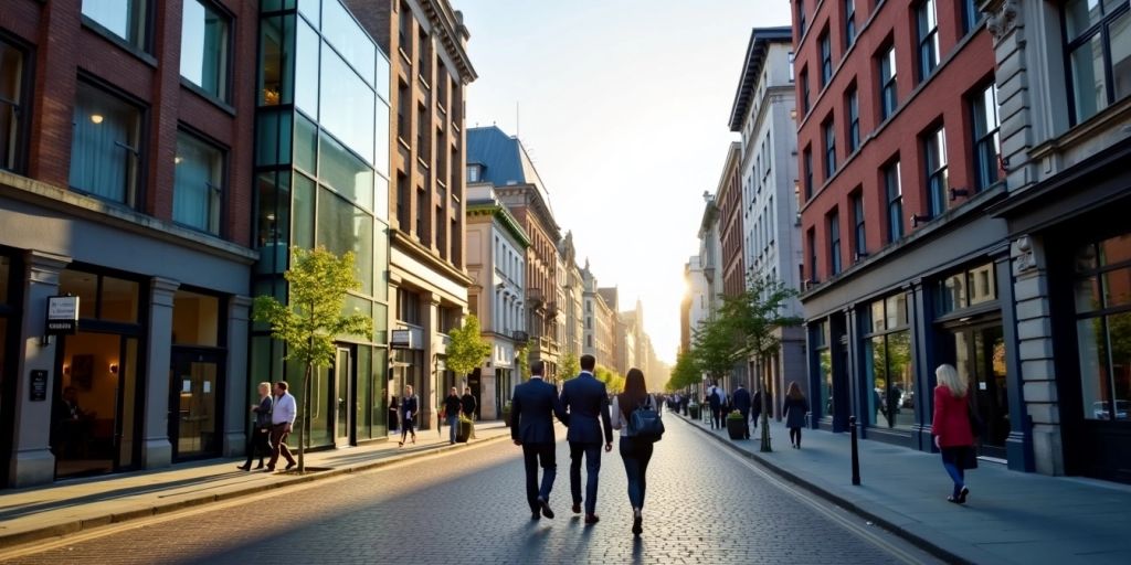 Dublin street with professionals and modern buildings.