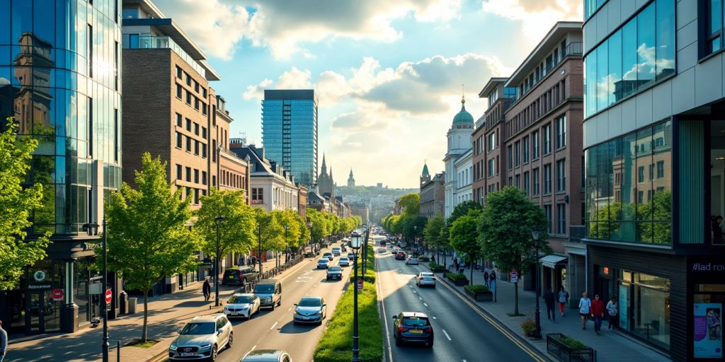 Dublin cityscape with modern buildings and greenery.