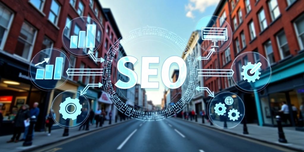 Dublin street with SEO marketing icons