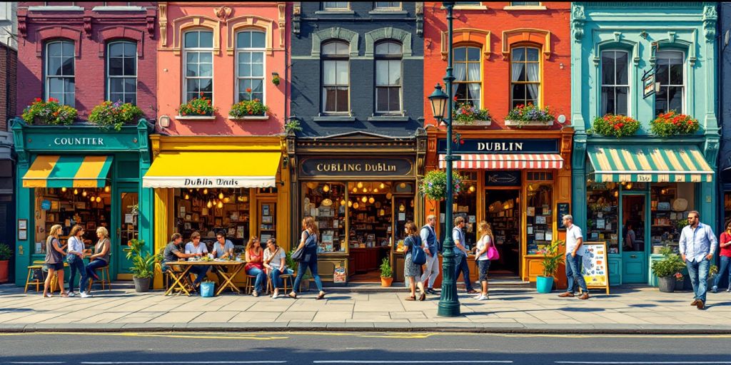 A vibrant street scene features colorful storefronts, including cafes and shops. People walk along the sidewalk or sit at outdoor tables under striped awnings. The buildings are adorned with flower boxes, creating a lively and inviting atmosphere.