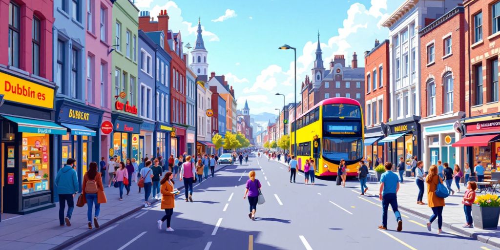 Dublin cityscape with local businesses and vibrant activity.