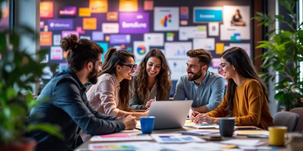 Team collaborating on branding strategies in a modern office.