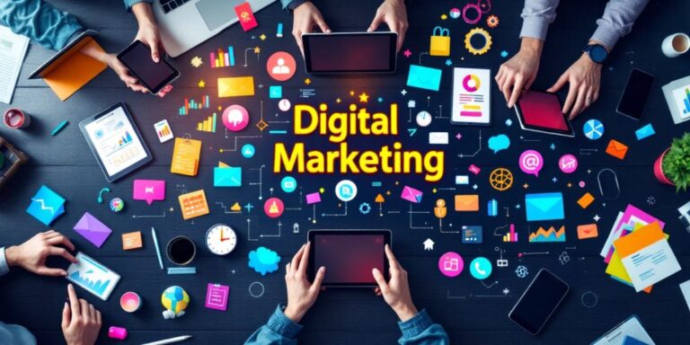 A team of people sitting around a table working on digital devices like tablets and laptops. The table is covered with icons representing digital marketing concepts. The words Digital Marketing are prominently displayed in the center.