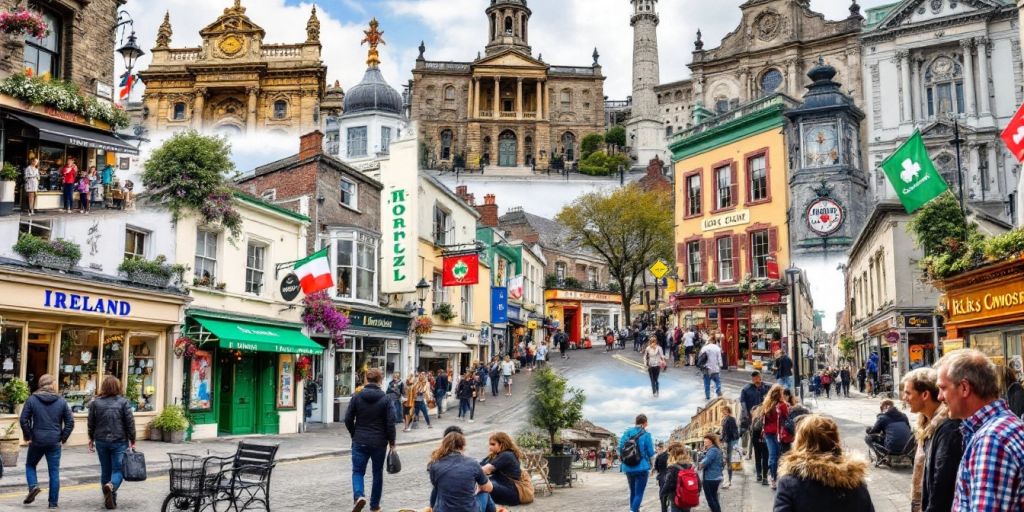 A vibrant collage of bustling European streets and historical architecture. People are walking along colorful shops and cafes. Prominent features include ornate buildings and a mix of cultural flags, creating a lively and diverse atmosphere.