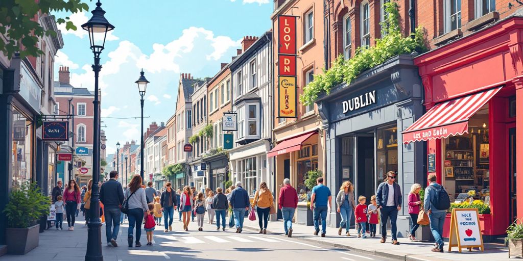 A bustling city street scene with people walking past colorful shops and cafes. The area features classic brick buildings with a mix of greenery. A sign with the word Dublin is prominently displayed.