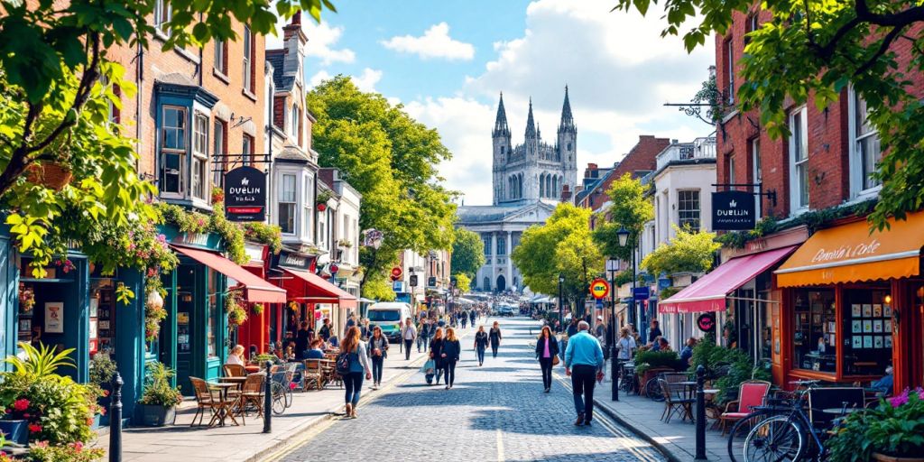 A vibrant street scene in a European city features people walking and dining outdoors. Colorful buildings line the street, with trees providing shade. In the distance, a grand cathedral stands under a clear blue sky.