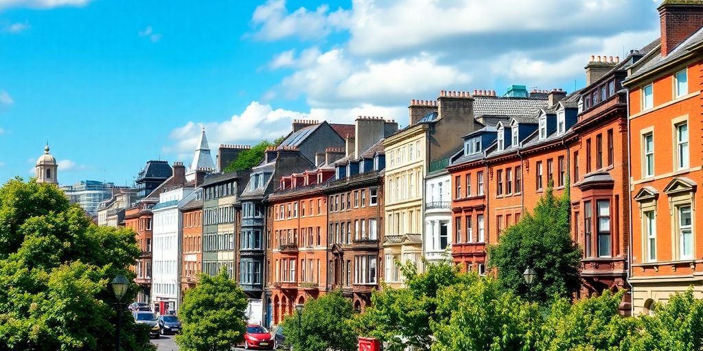 Dublin cityscape with residential buildings and greenery.