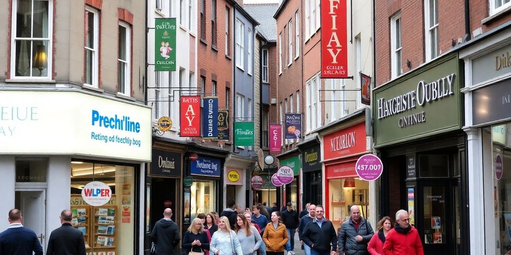 Dublin street with busy shops and pedestrians.