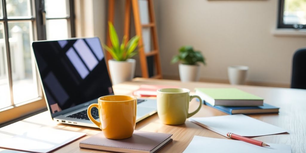 A workspace with a laptop and coffee cup.