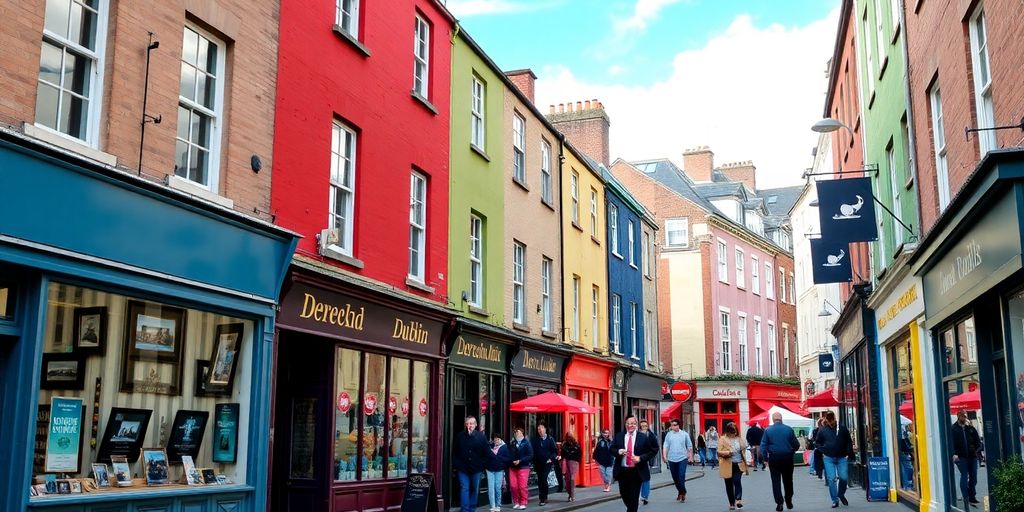 Dublin street with bustling local businesses and pedestrians.