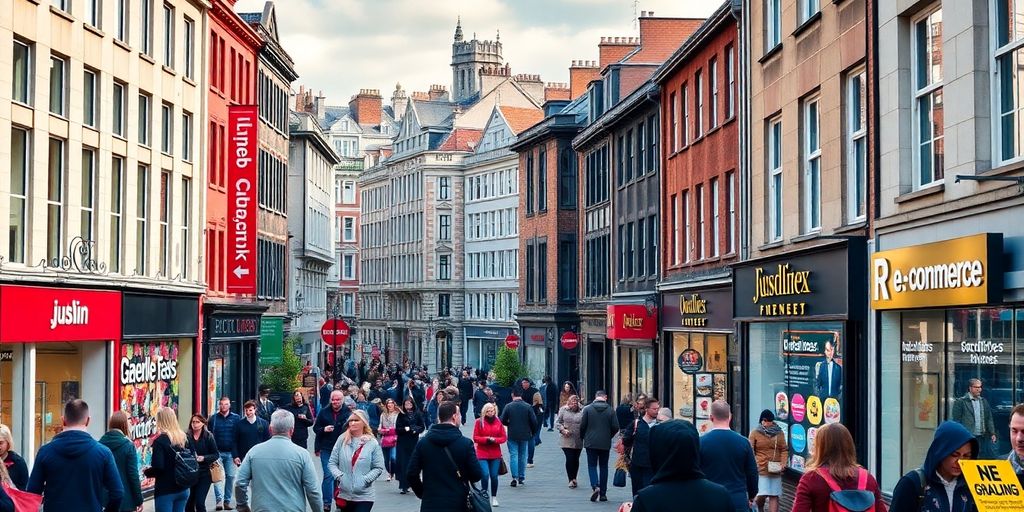 Dublin cityscape with busy streets and shopping areas.