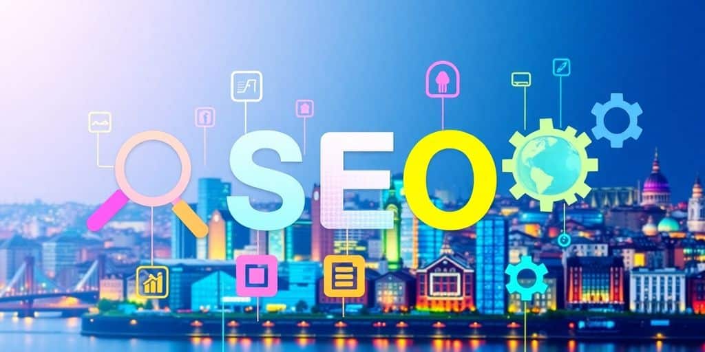 Colourful digital SEO icons with Dublin skyline background.