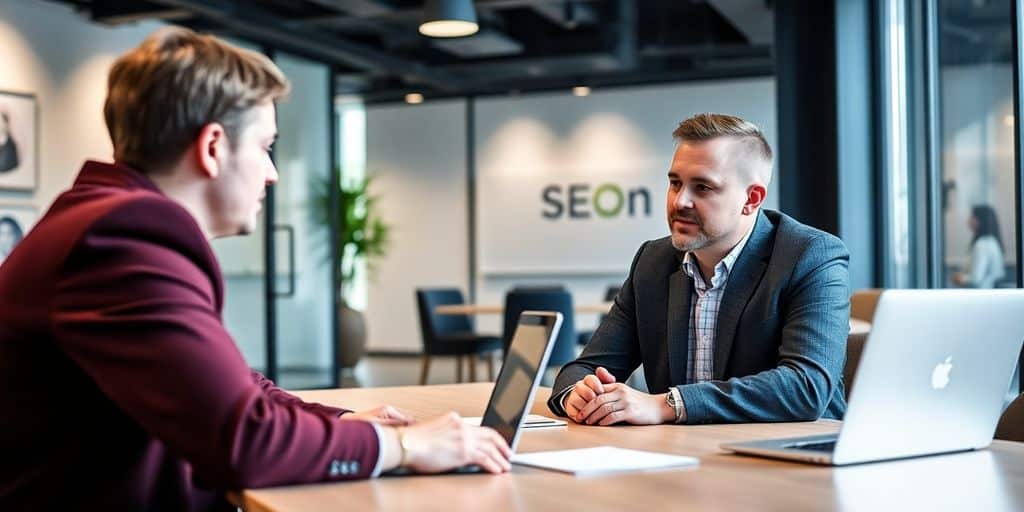 Professional discussing SEO in a modern office setting.