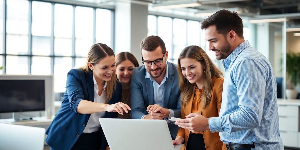 Team collaborating on online advertising strategies in an office.