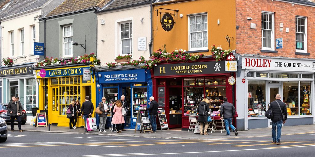 Busy Irish street filled with local businesses and customers.