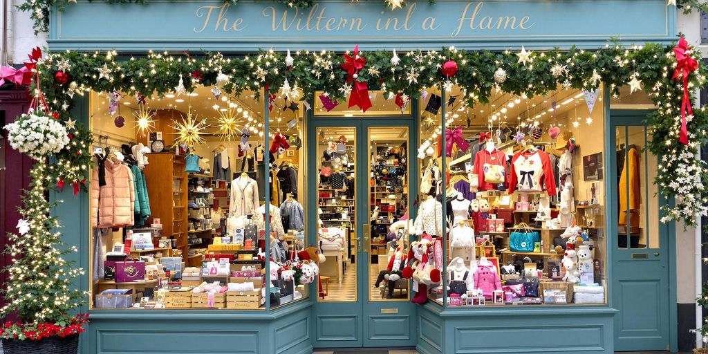 Irish seasonal products in a festive shopfront setting.