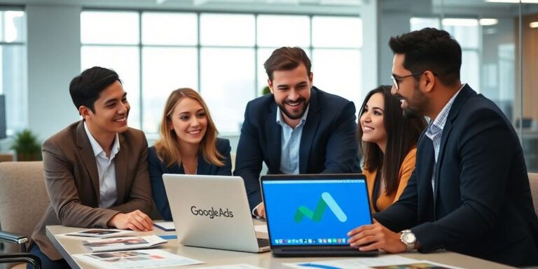Group collaborating on Google Ads in a bright office.