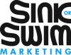 Logo for Sink or Swim Marketing with Sink or Swim in bold black letters and Marketing in smaller blue letters underneath. The word or is written in small blue font above the M in Swim.