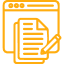An orange line icon of a webpage window with a document and a pencil in front, representing writing or editing content online.
