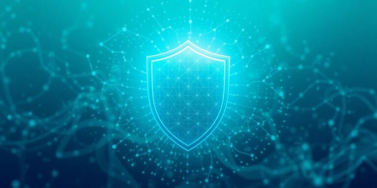 Digital shield protecting against abstract storm.