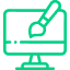 Green line icon of a computer monitor with a paintbrush touching the screen, symbolizing digital design or graphic design work.