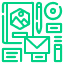 Green line icon showing various branding materials, including a notebook with a logo, pen, envelope, business card, badge, name tag, and a bottle, representing corporate identity elements.