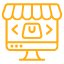 Yellow outline icon of a computer monitor displaying a storefront awning, with code brackets and a U inside, symbolizing web development or an online store.