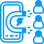 Blue icon showing a smartphone with a magnet attracting three user avatars, symbolizing mobile user acquisition or lead generation through a mobile device.