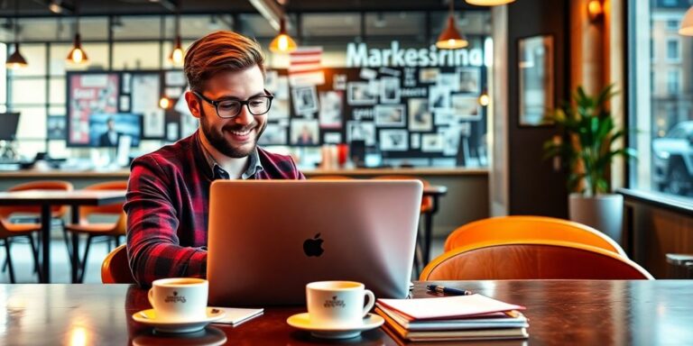 Irish entrepreneur at café with laptop and marketing materials.