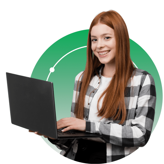 Smiling young woman with long red hair holds a laptop, wearing a black and white checkered shirt, standing in front of a green circular background with a white arc and dots.