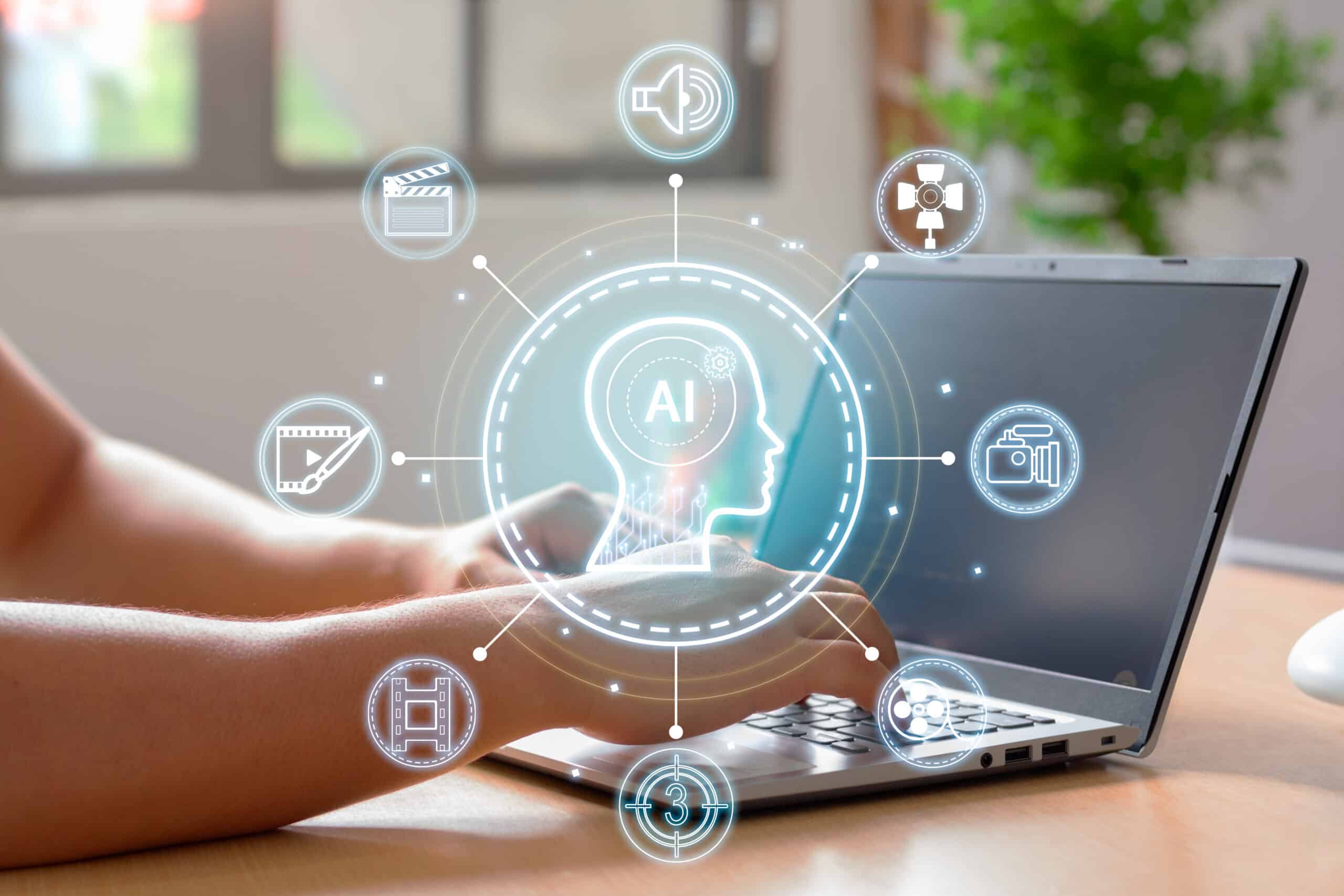 Hands typing on a laptop with digital icons related to artificial intelligence and technology, including tools for building an Irish brand—such as a human profile, film, audio, and camera symbols—overlaid in a circular pattern on the image.