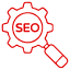 Red outline icon of a gear with the letters SEO inside, and a magnifying glass positioned over the bottom right of the gear, symbolizing search engine optimization.