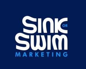 Logo for Sink or Swim Marketing on a dark blue background, perfect for seo kildare. The words Sink or Swim are in bold, white, wavy text, with MARKETING in smaller, blue, uppercase letters underneath.