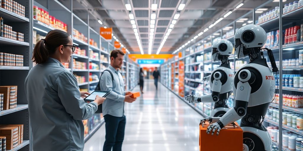 Retail worker with robots.