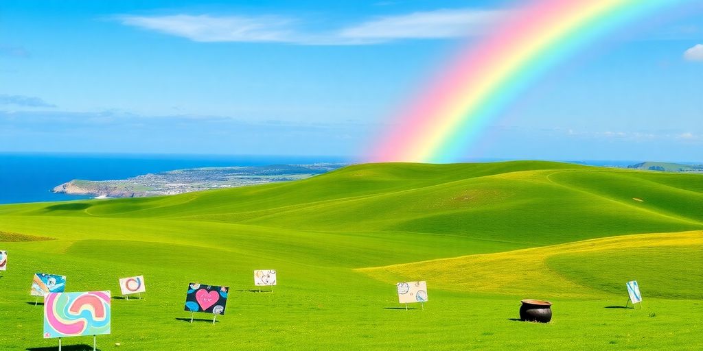 Vibrant Irish landscape with advertising elements.