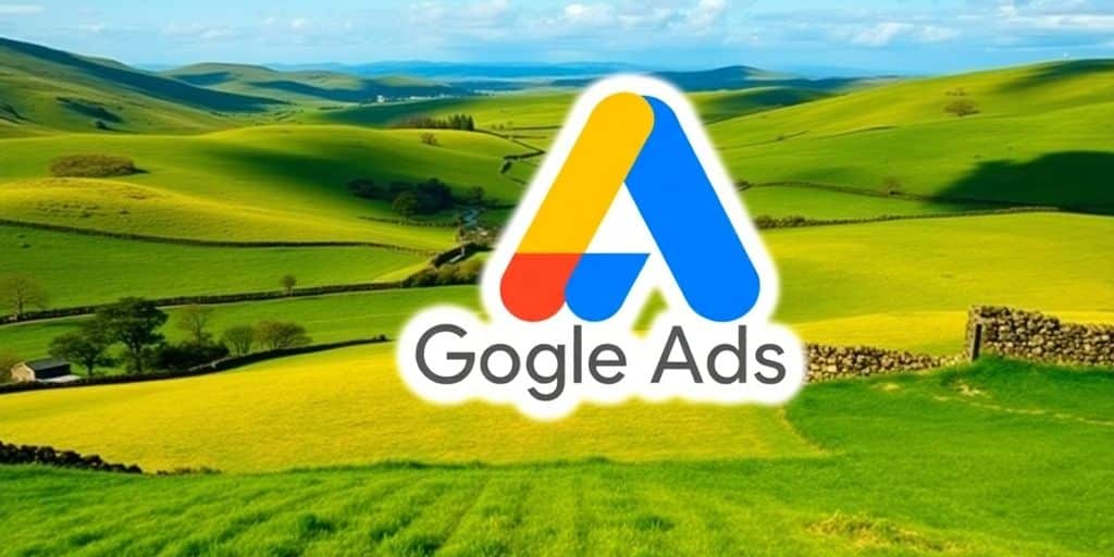 Google Ads logo over a green Irish landscape.