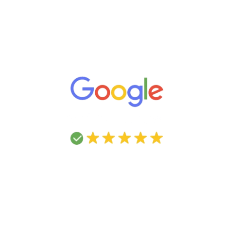 Google logo with the text Verified Reviews below it, a green checkmark, and five yellow stars indicate a 5-star rating for a digital marketing agency on a transparent background.