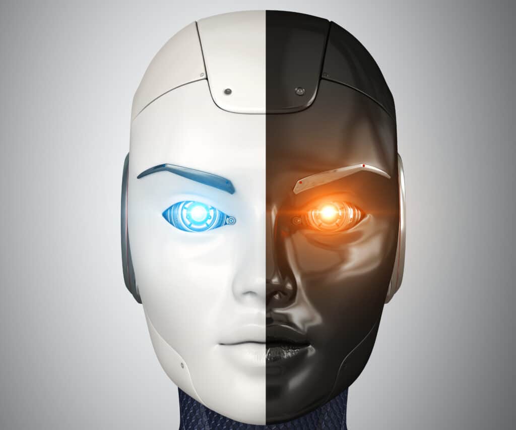 A robot head split down the middle, with the left side white and the right side black—each glowing eye reflects innovation, echoing the creativity of building an Irish brand against a neutral gray background.