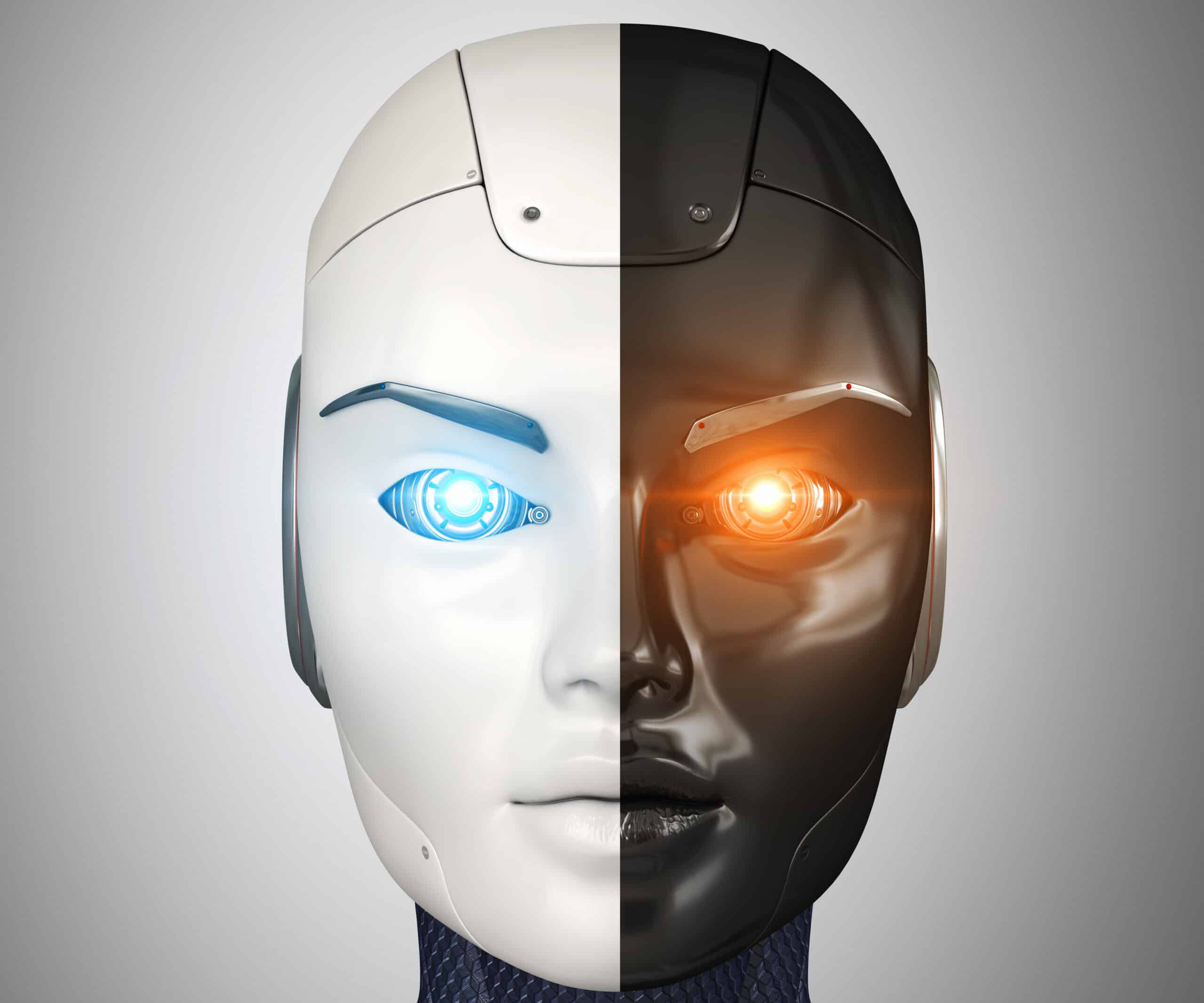 A robot head split down the middle, with the left side white and the right side black—each glowing eye reflects innovation, echoing the creativity of building an Irish brand against a neutral gray background.