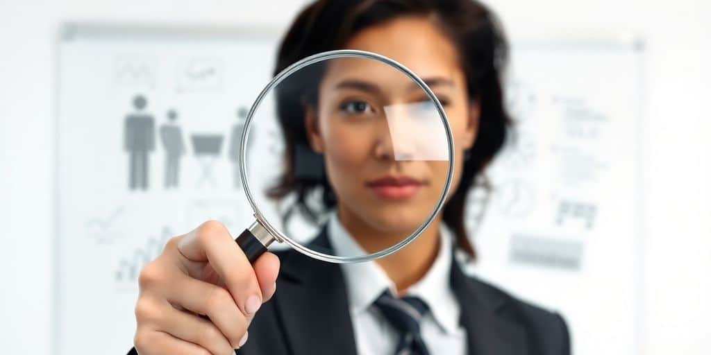 A person holding a magnifying glass over a marketing strategy.