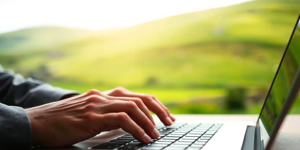 Professional working on laptop, Irish flag background