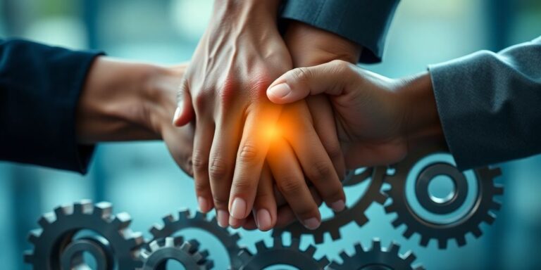 Two hands clasping, gears interlock, digital glow.