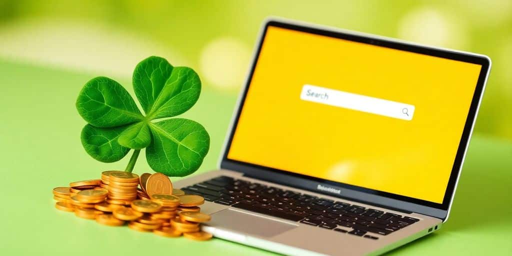 Coins, shamrock, laptop, and search bar.